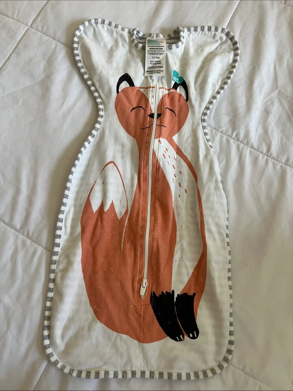 Love to dream White & Orange Fox Zip Swaddle